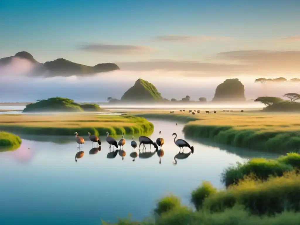 Increíble imagen al amanecer en Laguna Garzón, Uruguay, con capibaras y flamencos en armonía