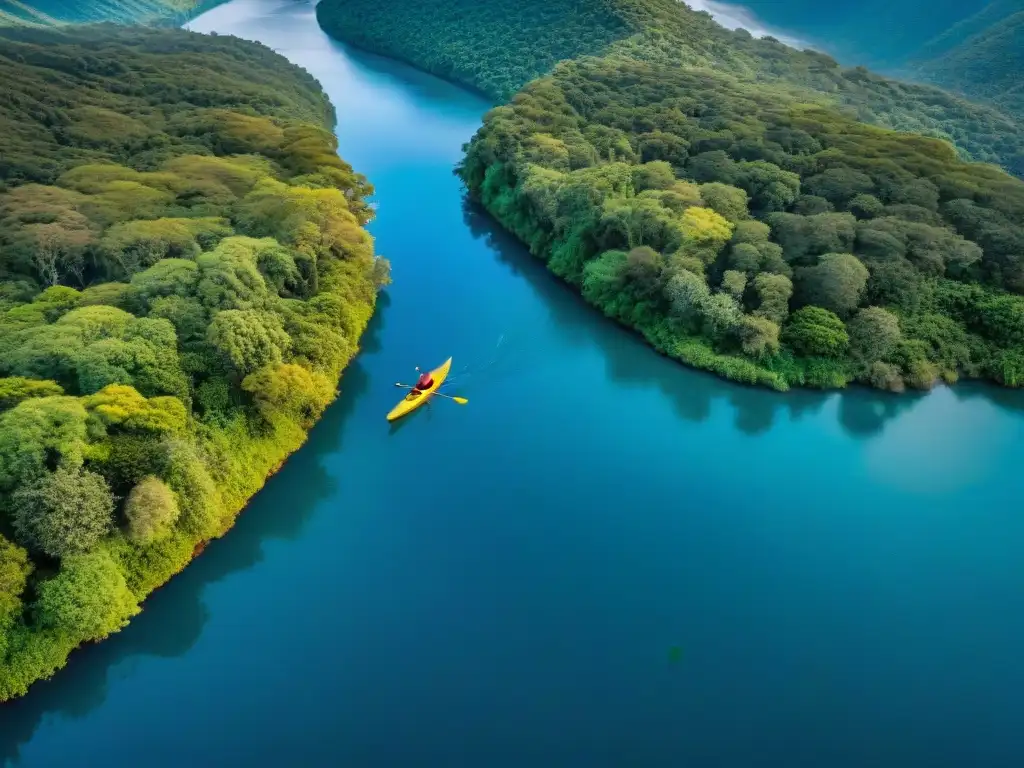 Increíble vista aérea de kayaks en el Río Negro de Uruguay, rodeados de naturaleza exuberante y montañas majestuosas