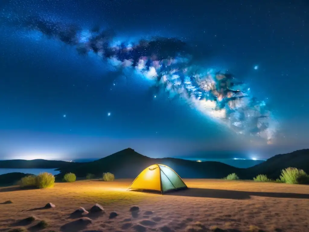 Increíble vista del cielo nocturno sobre Uruguay con la Vía Láctea y un camping iluminado