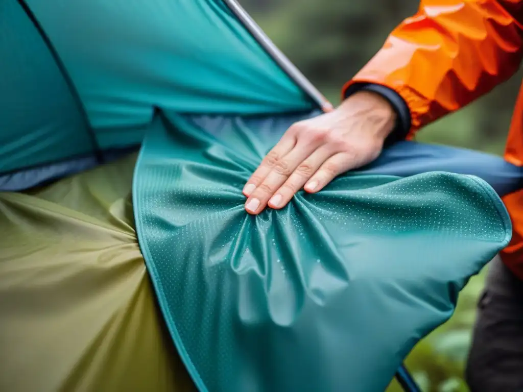 Innovaciones en ropa de camping: Detalle de chaqueta impermeable y transpirable siendo probada bajo lluvia en laboratorio de investigación