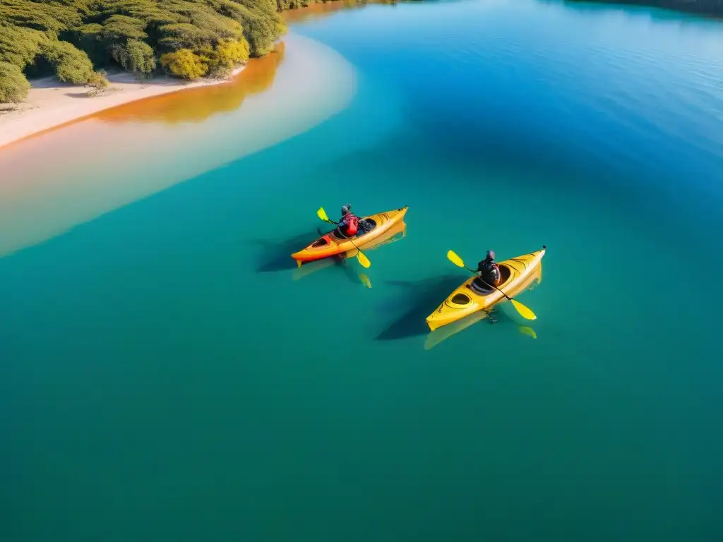 Inolvidable escena de campistas en kayaks coloridos, remando en aguas cristalinas al atardecer en Uruguay