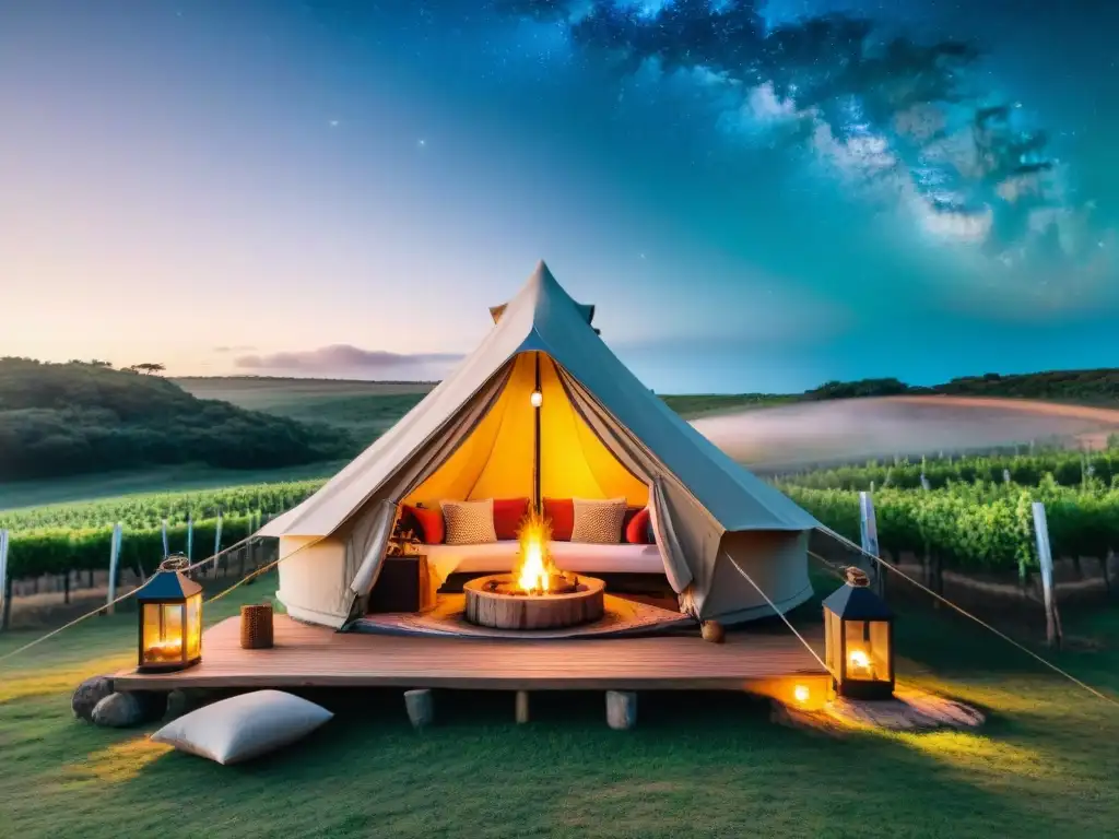 Un inolvidable glamping en Uruguay: tienda lujosa entre viñedos al atardecer, fogata, pareja disfrutando vino bajo estrellas