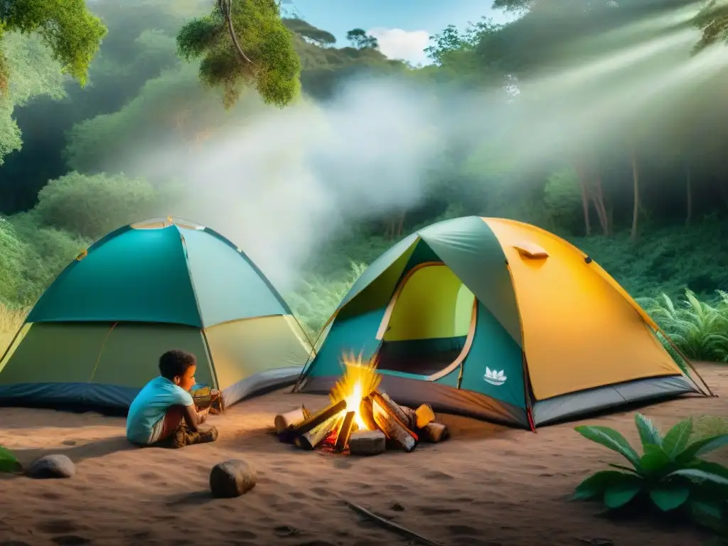 Inspirador camping en Uruguay con niños disfrutando de la naturaleza en un bosque exuberante