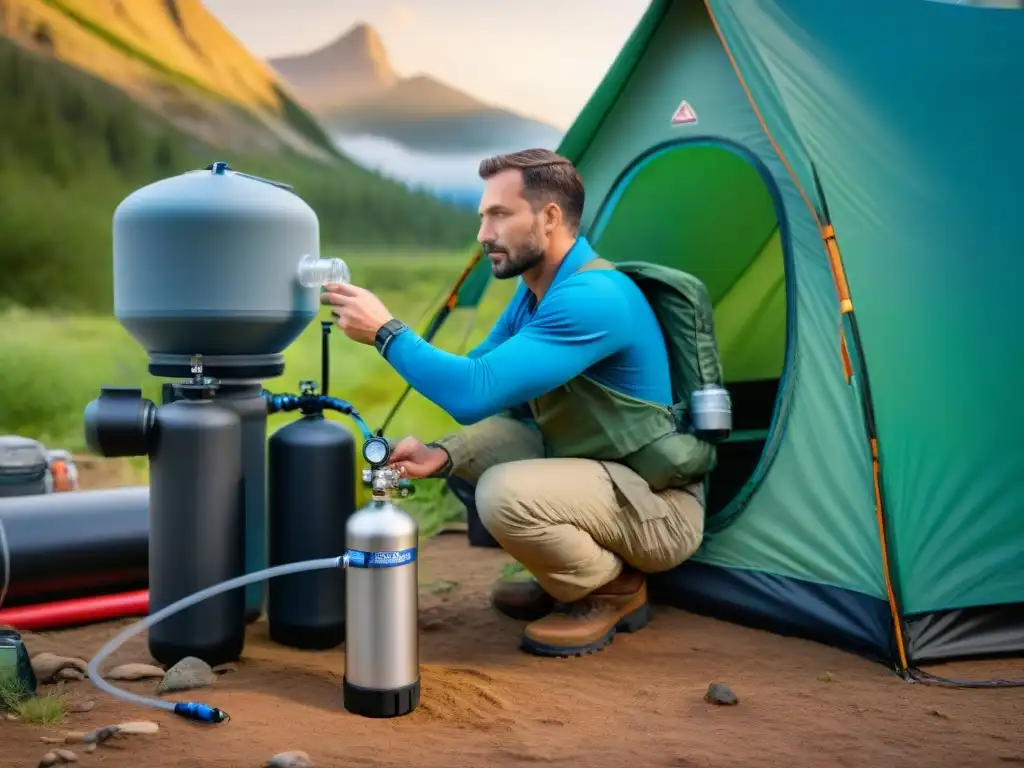 Instalación detallada de sistemas de filtración de agua en campamento, resaltando precisión y experticia