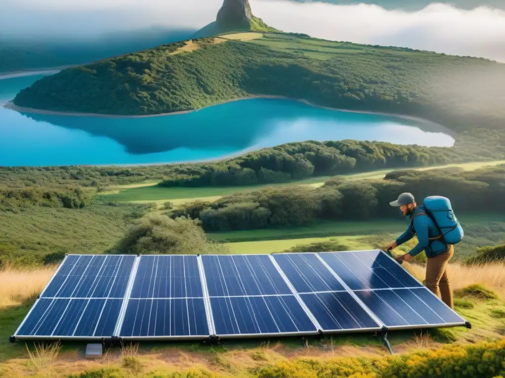 Instalación de paneles solares portátiles en un camping de Uruguay, entre exuberante vegetación y cielo azul