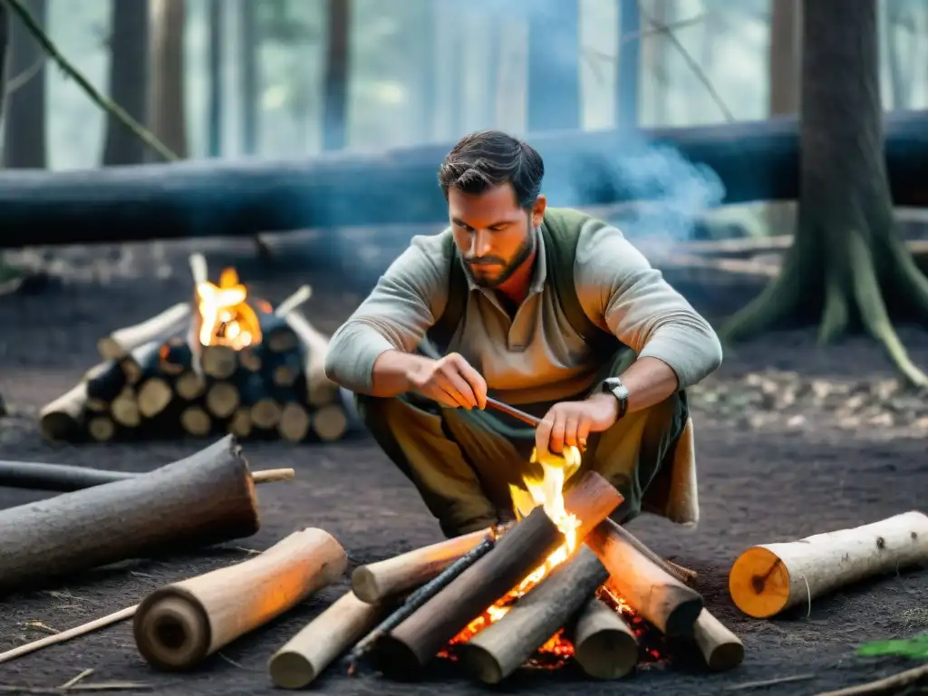 Instructor de bushcraft en Uruguay demostrando técnicas de fuego con métodos tradicionales en un entorno natural