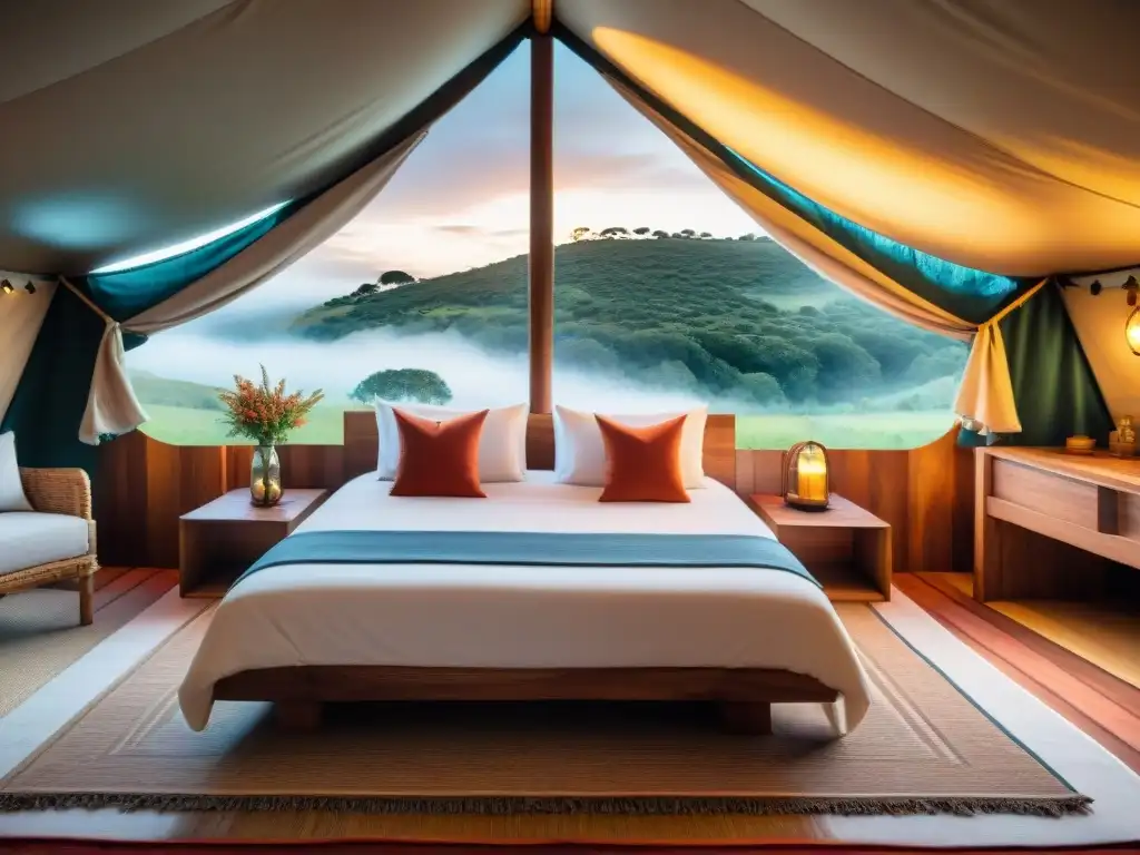 Interior lujoso de una carpa glamping en Uruguay con cama king size, decoración elegante y ventana panorámica