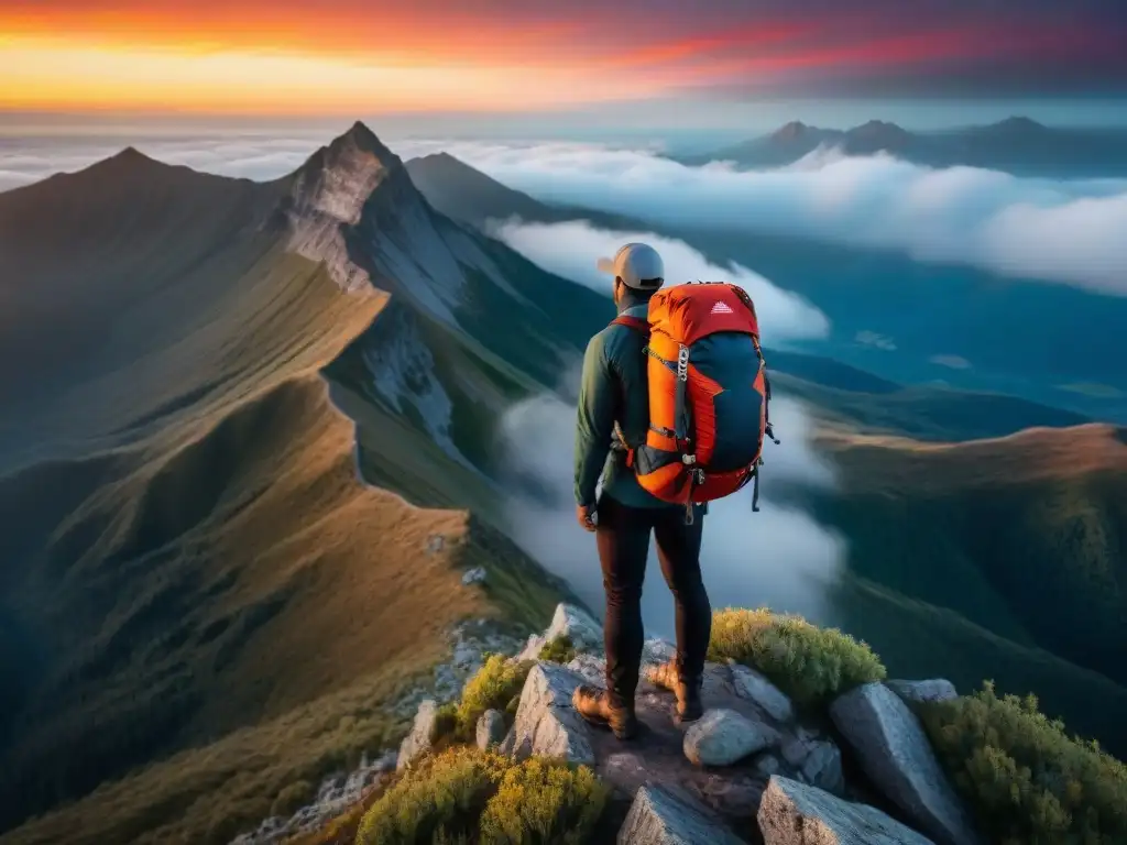 Un intrépido excursionista en la cima de una montaña, con mochila técnica