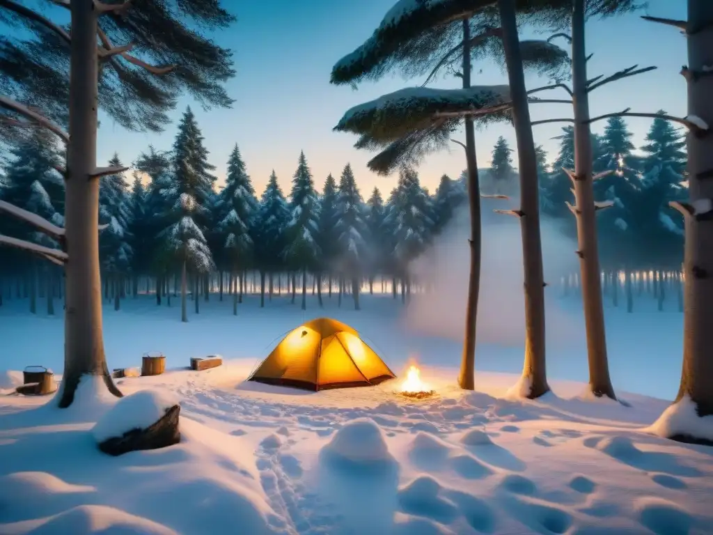 Acampando en invierno en Uruguay: un paisaje sereno de un campamento cubierto de nieve con una tienda acogedora entre árboles helados