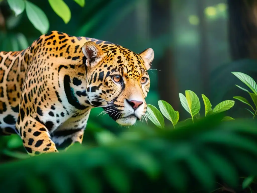 Jaguar estratégico en la selva amazónica, camuflado y listo para cazar