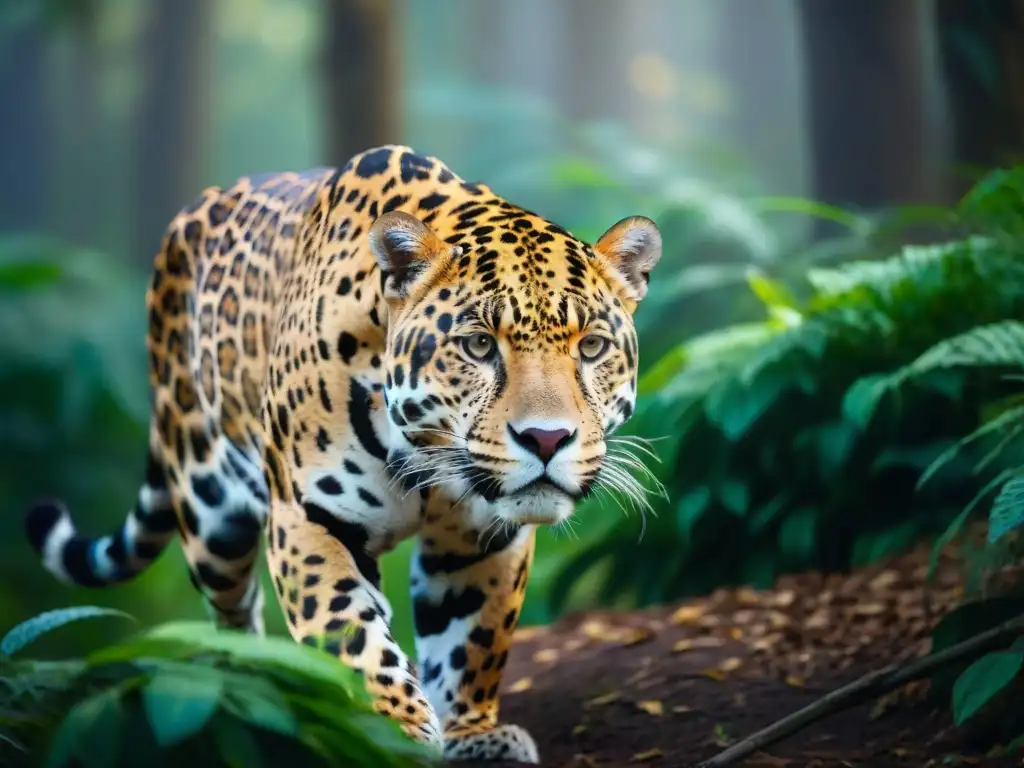 Un jaguar majestuoso acechando en la jungla uruguaya, su pelaje con patrón de rosetas brillando bajo la luz del sol entre la vegetación exuberante