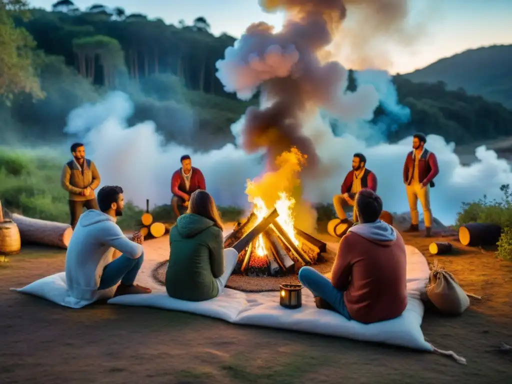 Jóvenes campistas escuchan historias alrededor de fogata en la tradición de fogatas en Uruguay