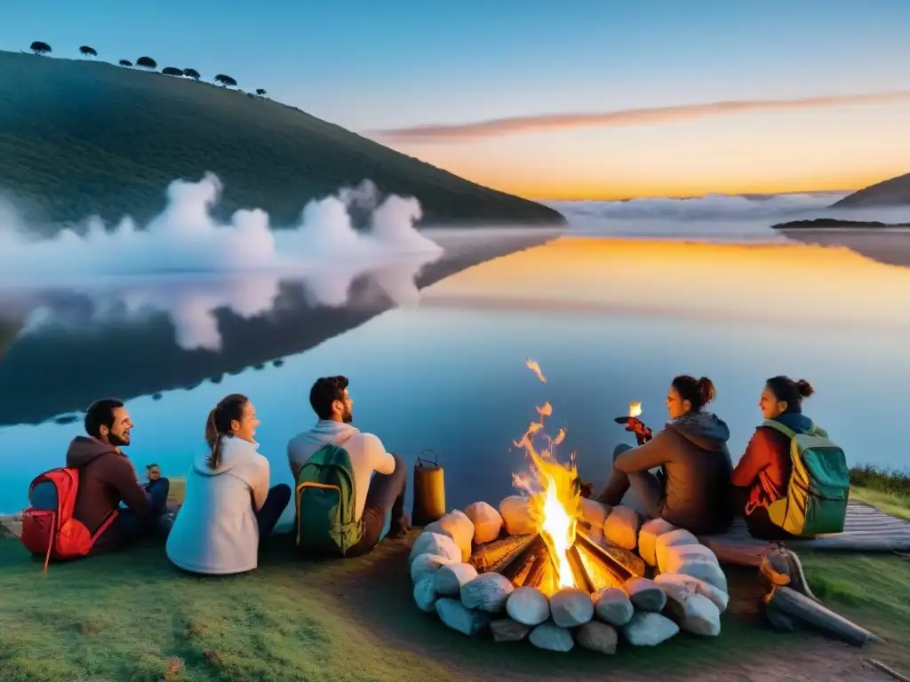 Jóvenes viajeros disfrutan del camping económico en Uruguay, compartiendo historias alrededor de una fogata al anochecer