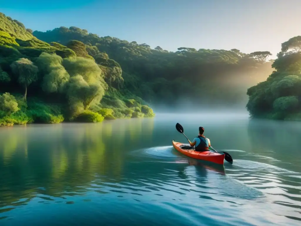 Un kayak en aguas uruguayas, rodeado de naturaleza exuberante y tranquilidad