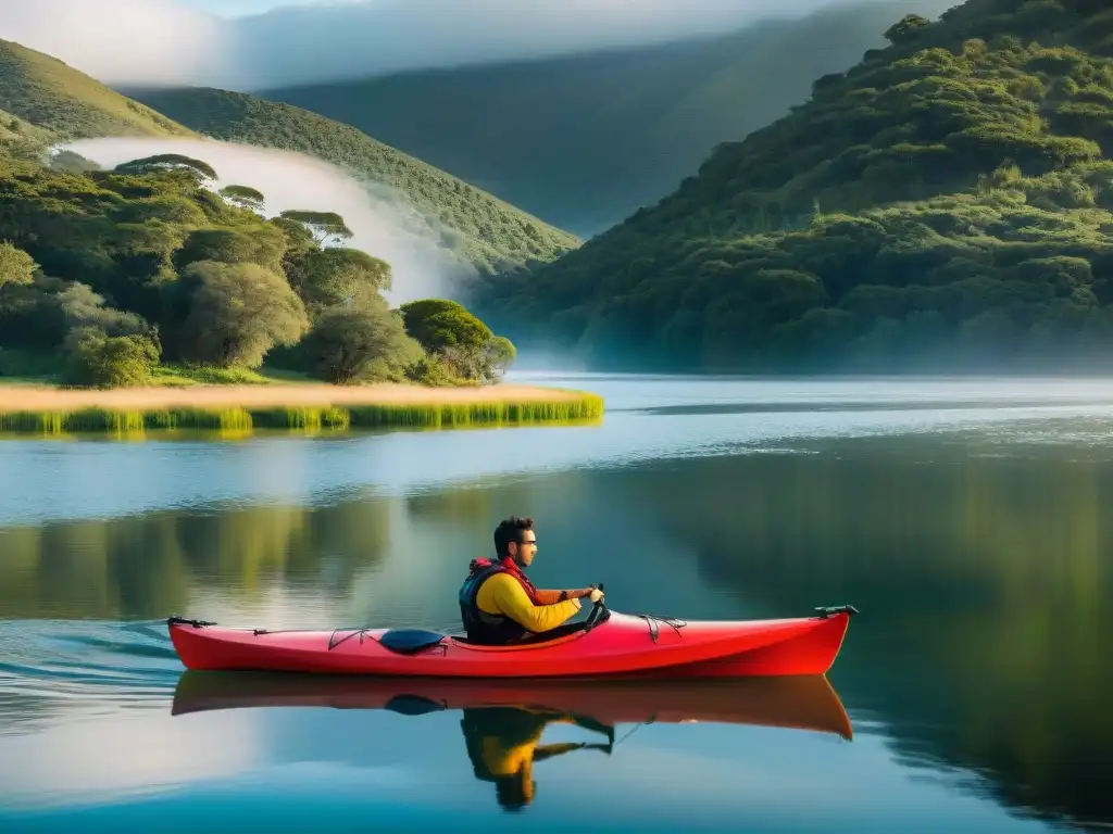 Un kayak perfecto para aguas uruguayas, deslizándose en un río sereno, rodeado de naturaleza exuberante y bañado por la luz dorada del sol