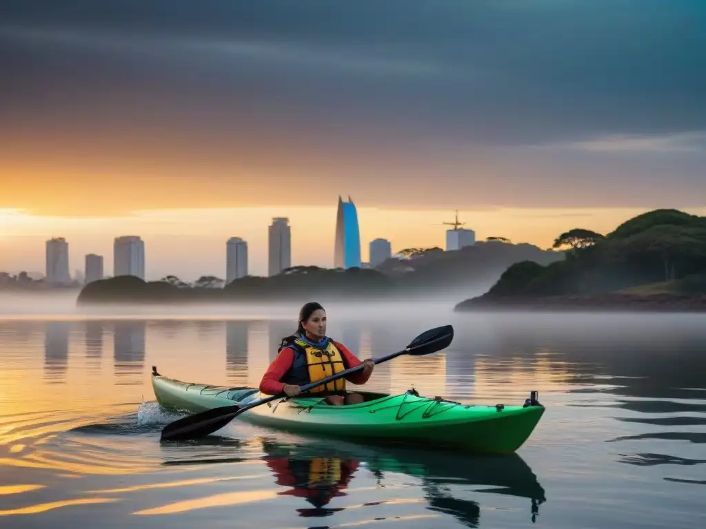 Un kayak perfecto para aguas uruguayas surca el Río de la Plata al atardecer, con Montevideo de fondo