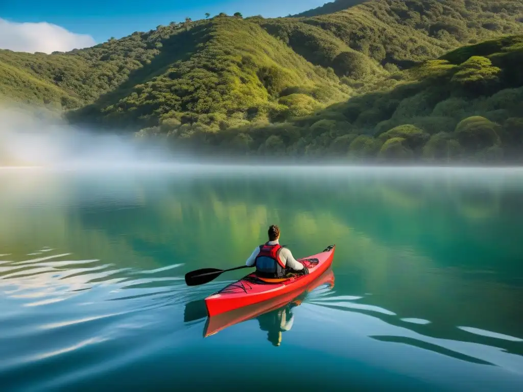 Un kayak rojo atraviesa suavemente las aguas de Laguna Garzón al atardecer, ideal para aguas uruguayas