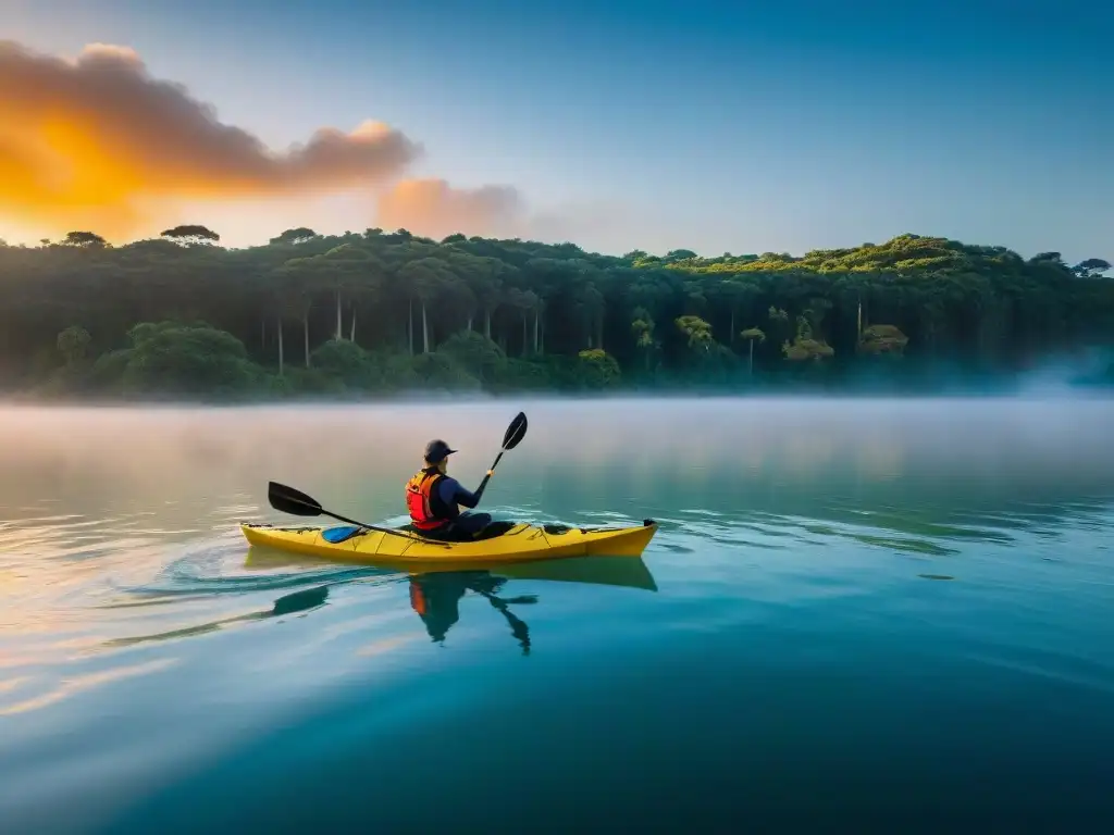 Un kayakista surca las aguas cristalinas de Laguna Garzón al atardecer en Uruguay