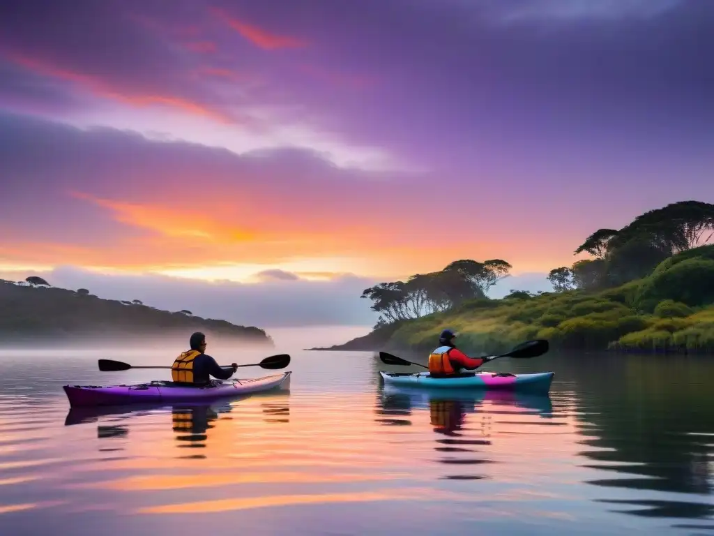 Kayakistas recorriendo Laguna Garzón al atardecer en Uruguay