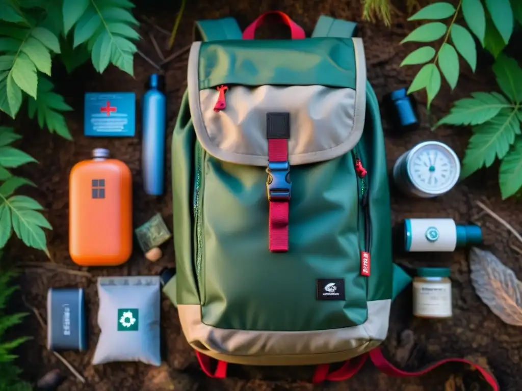 Kit básico bushcraft mochila camping en un bosque con elementos esenciales y naturaleza exuberante