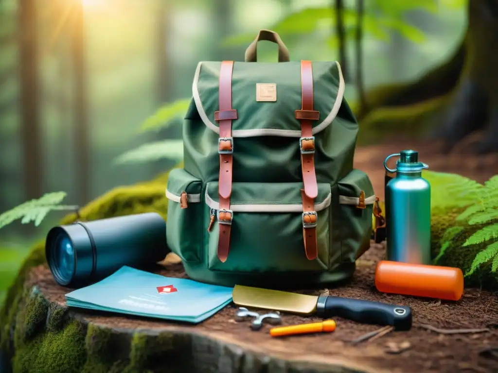 Kit básico bushcraft mochila camping: Mochila organizada con herramientas esenciales en entorno boscoso sereno