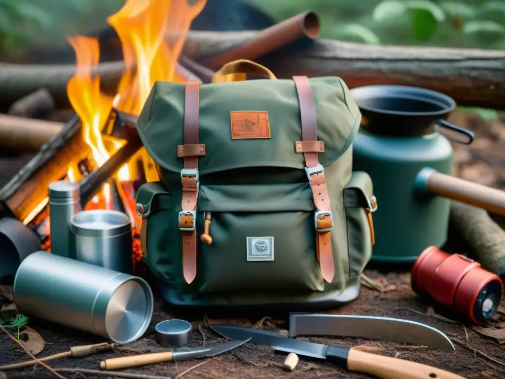 Kit básico bushcraft en mochila abierta en el bosque, con cuchillo, brújula, botiquín y estufa de camping, iluminados por fogata