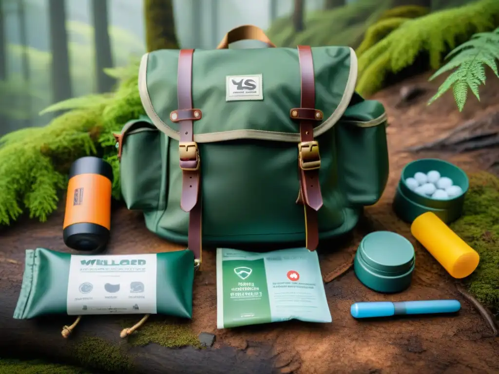 Un kit básico bushcraft en una mochila de camping organizada en el suelo del bosque, listo para la aventura al aire libre