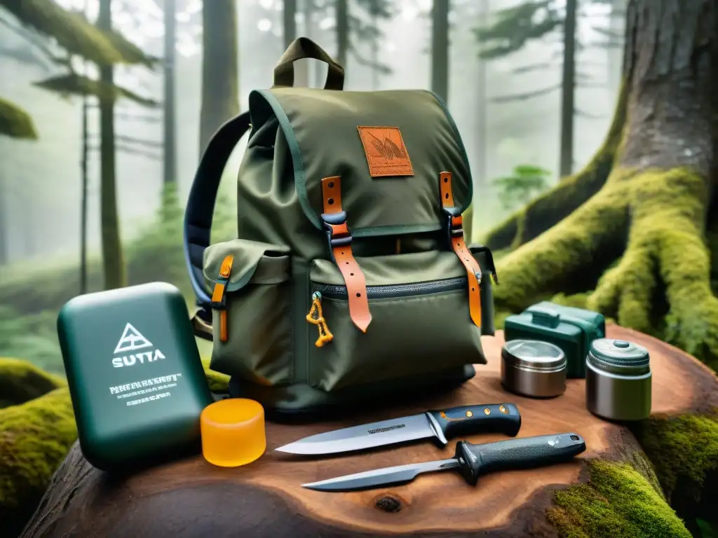 Kit básico bushcraft en mochila de camping con herramientas esenciales organizadas en entorno boscoso sereno