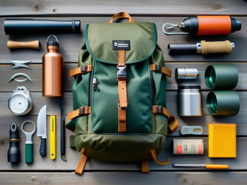 Un kit básico bushcraft en una mochila de camping organizada sobre madera para la aventura al aire libre