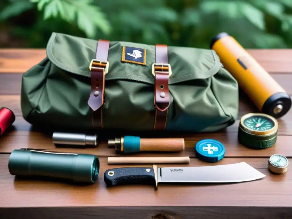 Un kit básico bushcraft meticulosamente organizado en una mesa de madera, listo para la aventura en el camping