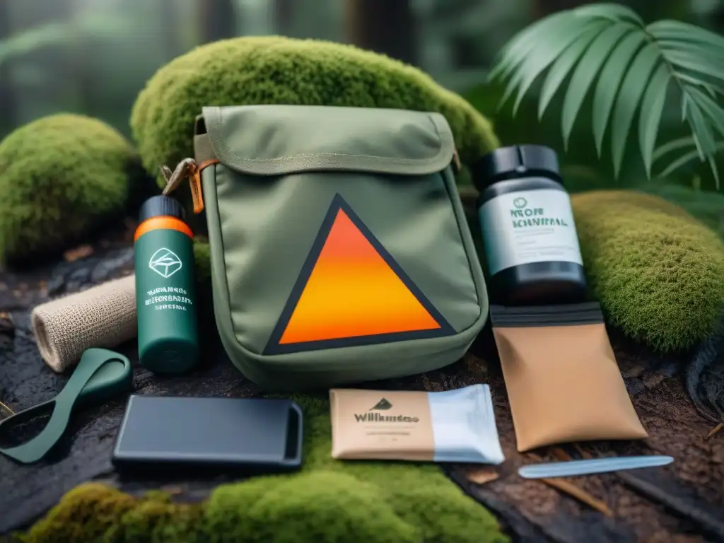 Un kit básico bushcraft en una roca musgosa del bosque de Uruguay