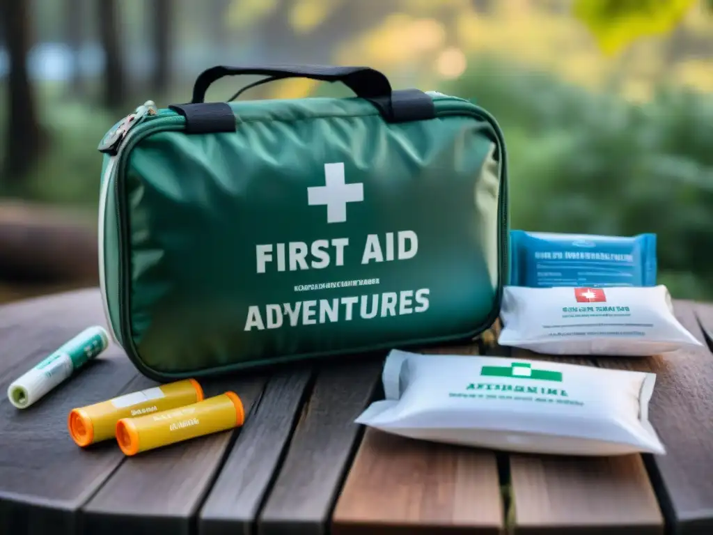 Kit de primeros auxilios para camping en Uruguay, organizado sobre madera con bosque de fondo