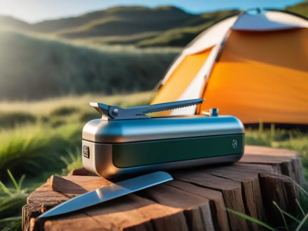 Kit de supervivencia para camping en Uruguay: Herramienta compacta detallada brillando bajo el sol, con campamento de fondo