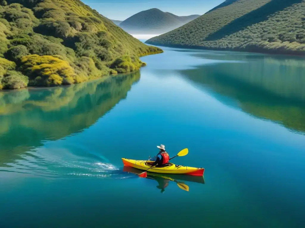 Explorando la Laguna Garzón en Uruguay, un kayaker se desliza en aguas serenas rodeado de naturaleza exuberante y cielo azul