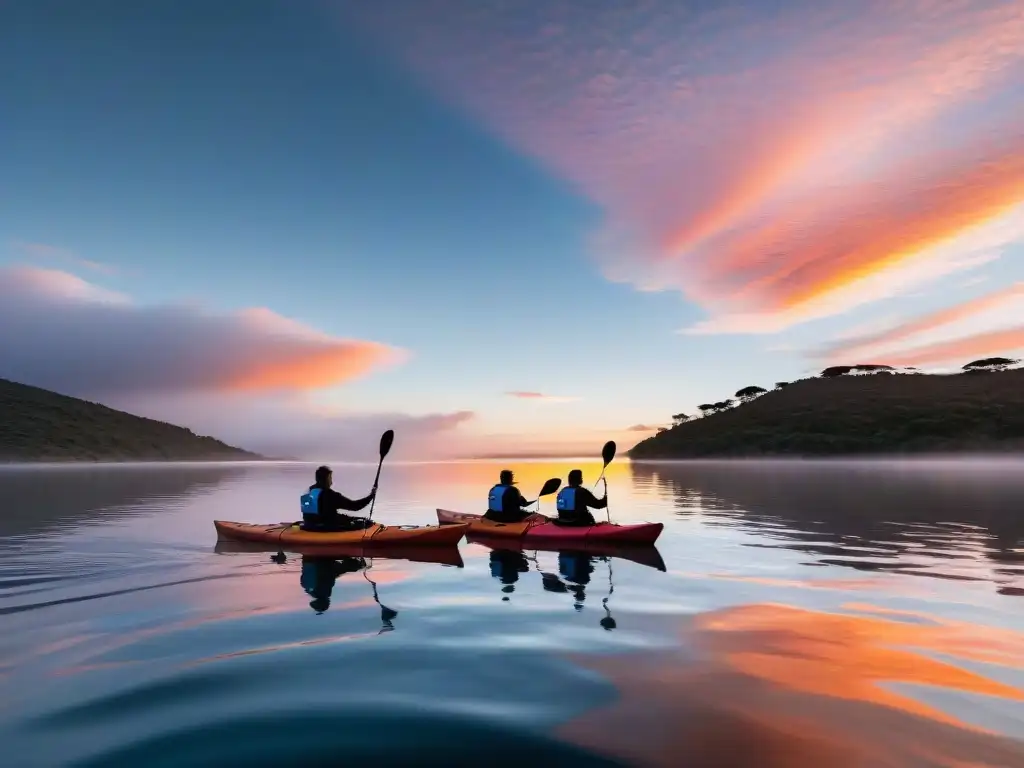 Kayaks surcando Laguna Garzón al atardecer en Uruguay