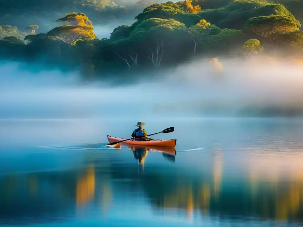 Kayak en Uruguay: lugares recomendados - Amanecer sereno en Laguna Garzón con un kayakista solitario y aves coloridas entre la vegetación exuberante