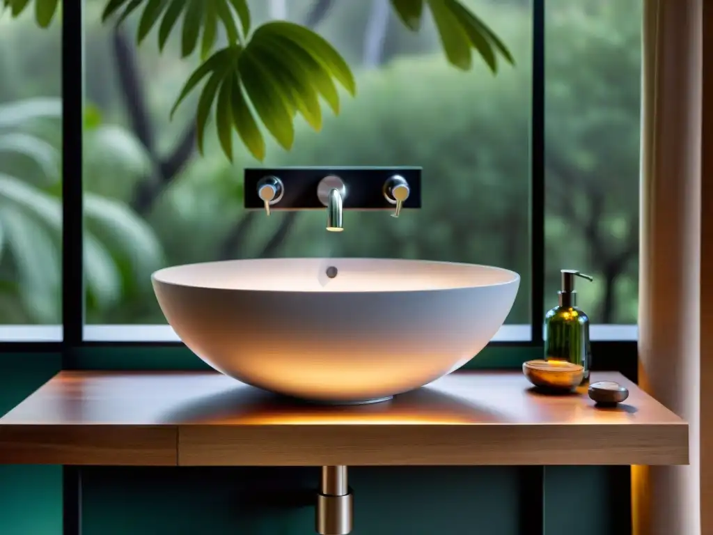 Faucet de baño de lujo en glamping, brilla bajo la luz natural en un entorno elegante y natural