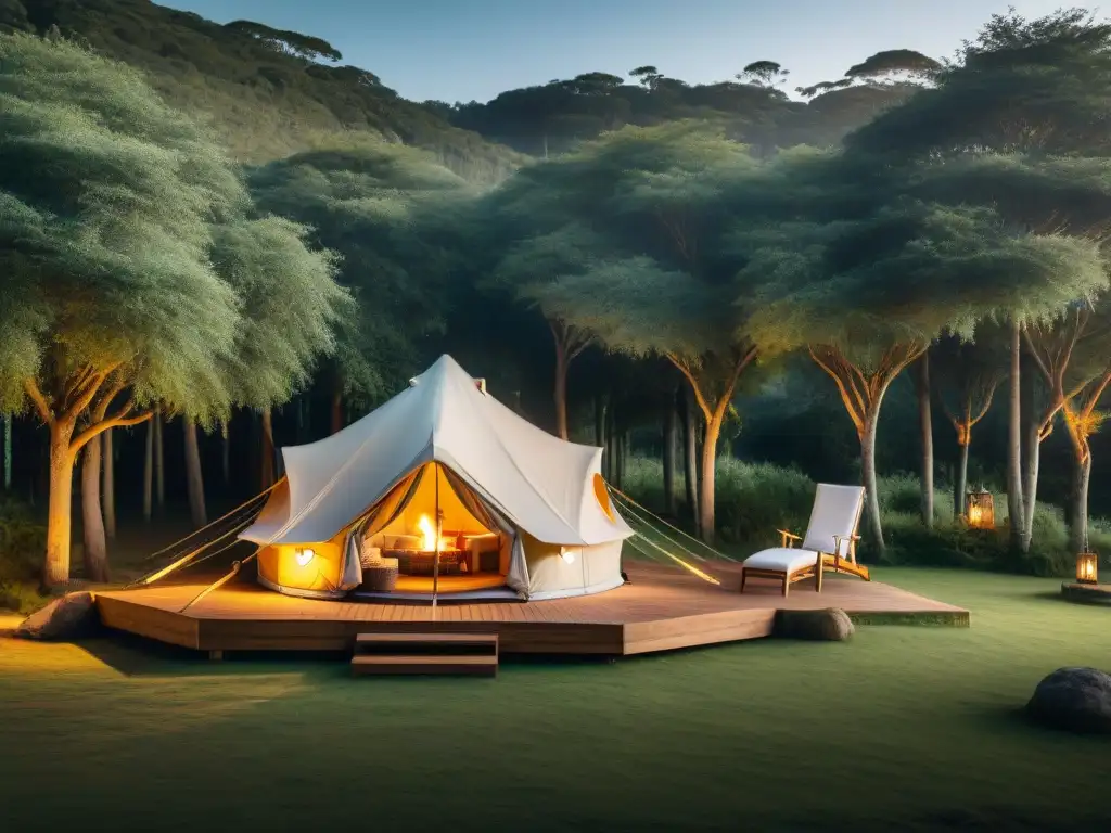 Lujo y tranquilidad en un glamping en Uruguay al anochecer