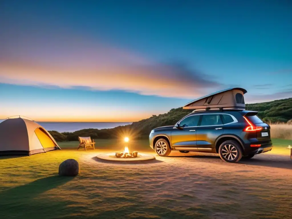 Un lujoso camping con estilo en Uruguay: SUV negro en campamento con cama, equipo de camping y luces de hadas al atardecer