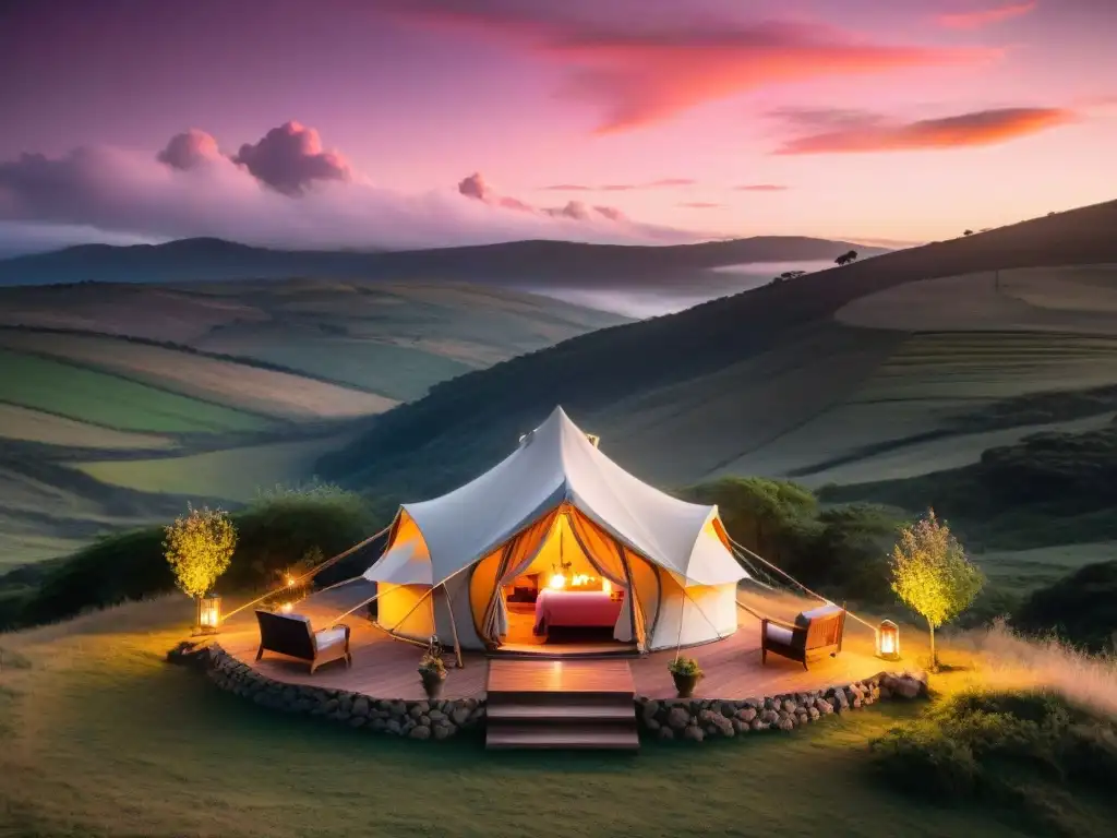 Un lujoso glamping en Uruguay, acogedor y elegante, iluminado por la cálida puesta de sol