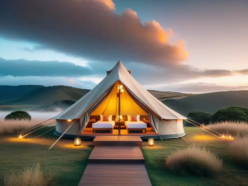 Un lujoso glamping en Uruguay con decoración artesanal local, en armonía con la naturaleza al atardecer