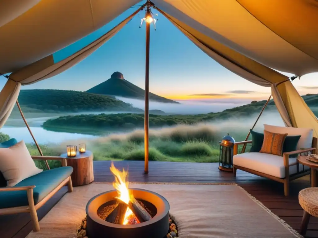 Un lujoso glamping en Uruguay al atardecer, con una pareja disfrutando de una fogata