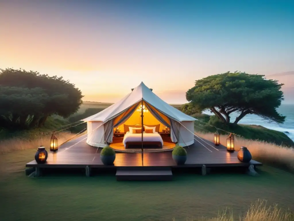 Un lujoso glamping en Uruguay: destinos exclusivos con tienda decorada en la costa al atardecer