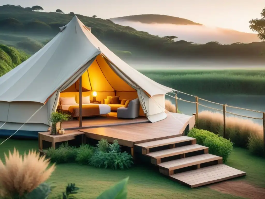 Un lujoso glamping en Uruguay para principiantes, con detalles sostenibles y ambiente acogedor al atardecer