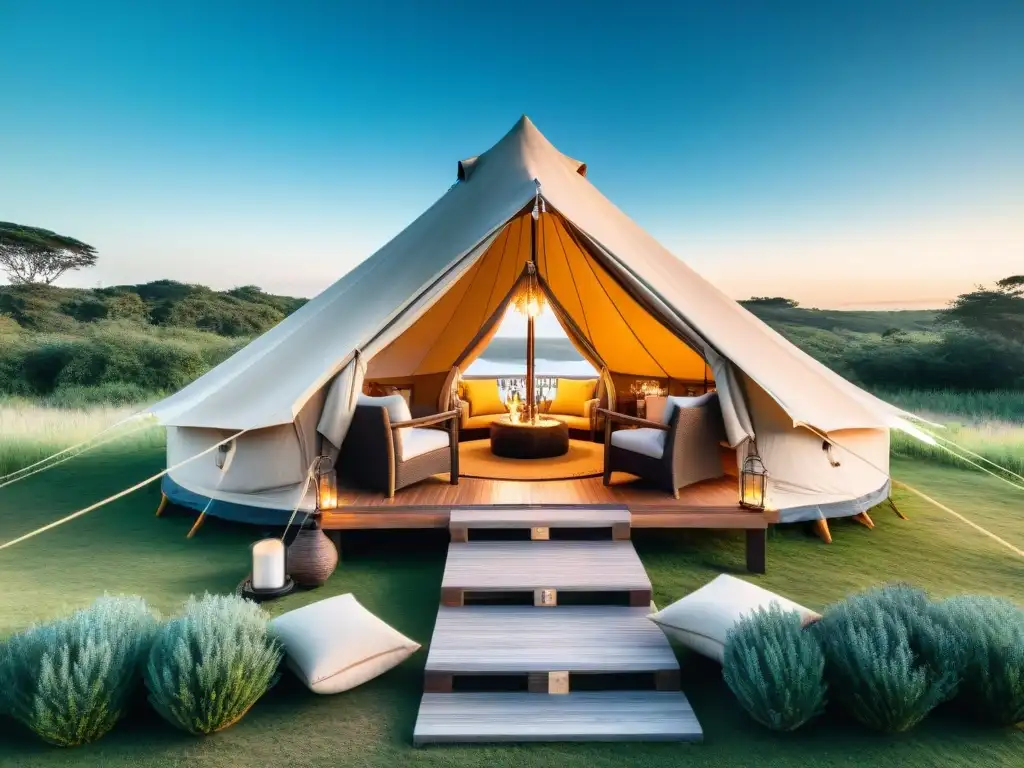 Un lujoso glamping en Uruguay: tienda elegante con decoración chic y cálida iluminación, rodeada de exuberante naturaleza