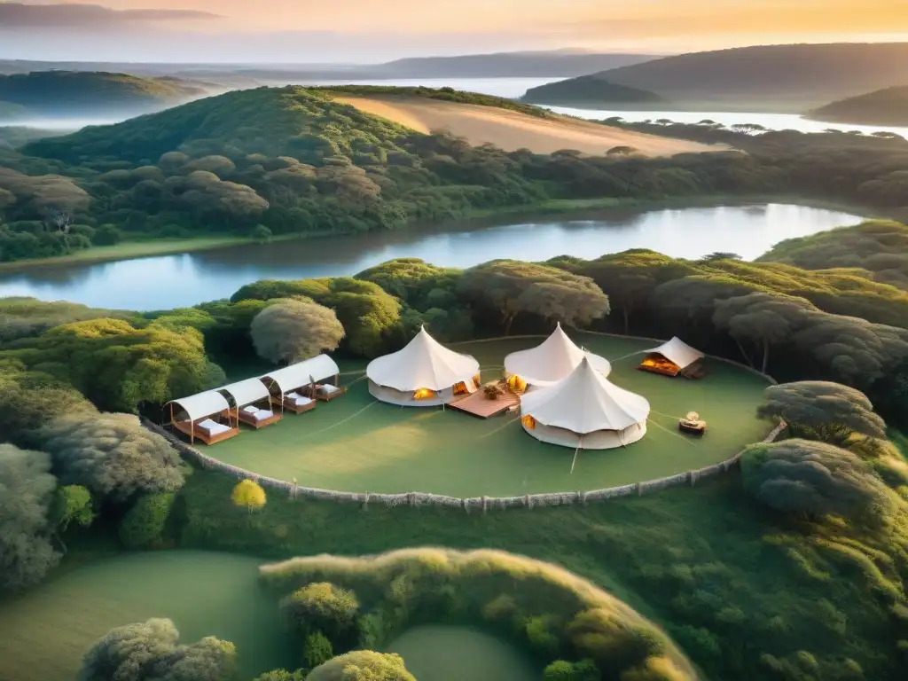 Un lujoso glamping en Uruguay con tiendas safari elegantes entre vegetación exuberante y vistas panorámicas