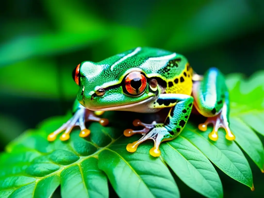 Un mágico árbol en un bosque tropical con una rana verde brillante sobre una hoja húmeda