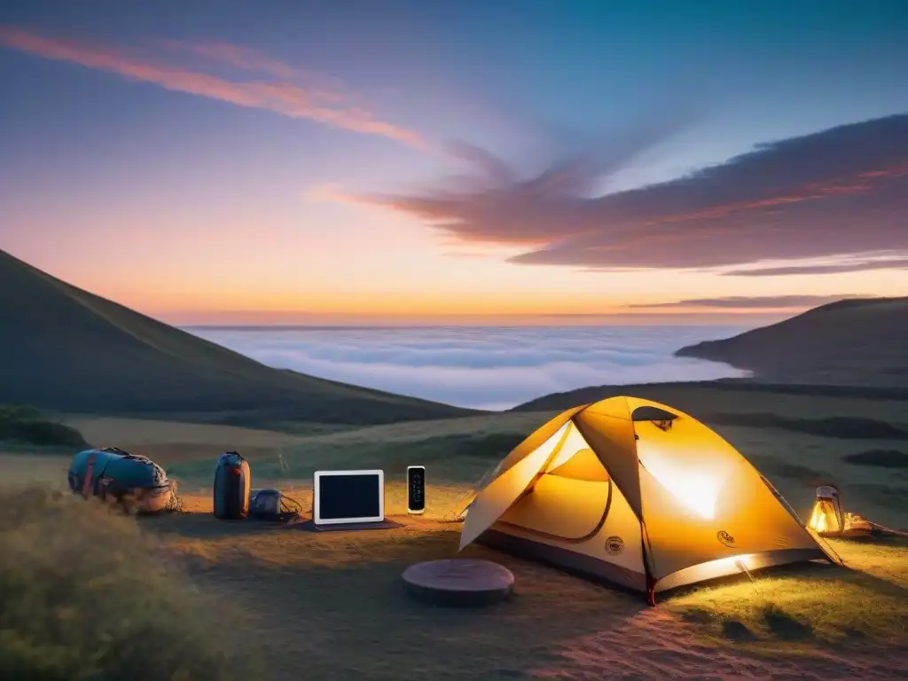 Mágico atardecer en campamento en Uruguay con tienda iluminada y batería portátil