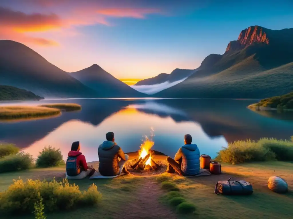 Un mágico atardecer en un camping remoto de Uruguay, con una fogata y campistas disfrutando de la noche tranquila en medio de la naturaleza