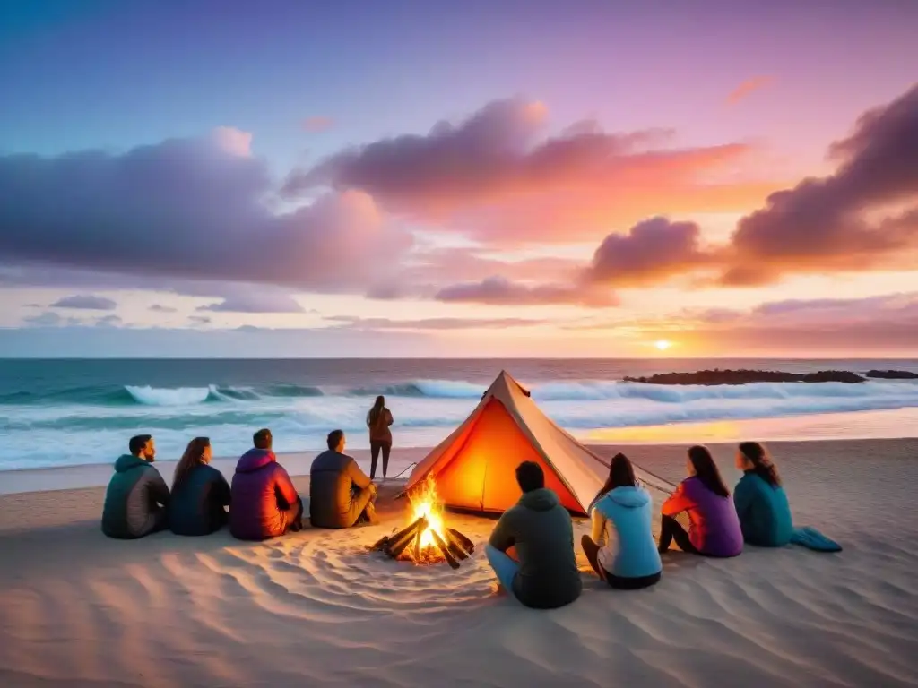 Un mágico atardecer en una playa de Uruguay, campistas alrededor de una fogata con actividades camping playas Uruguay